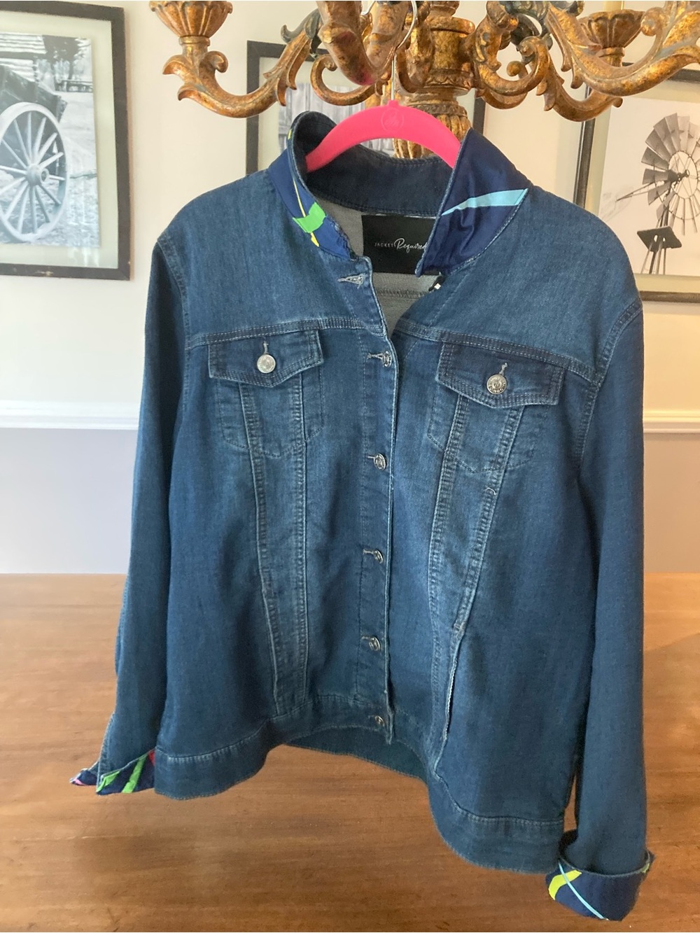 Denim Jacket with Bright Multicolor scarf Back Panel, cuffs and collar. - Picture 2 of 4